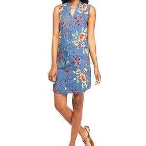 Beige By ECI Shift Dress Women Blue Denim Floral Embroidered 100% Cotton Sz 6